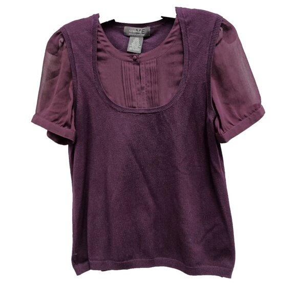 George Purple Women's Blouse Victorian collar button top sheer sleeves - Picture 1 of 9